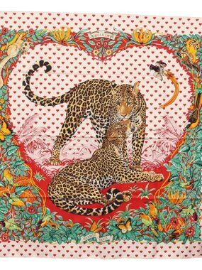 HERMES Carre 90 Scarf ""JUNGLE LOVE"" Silk White Auth am10795SAM